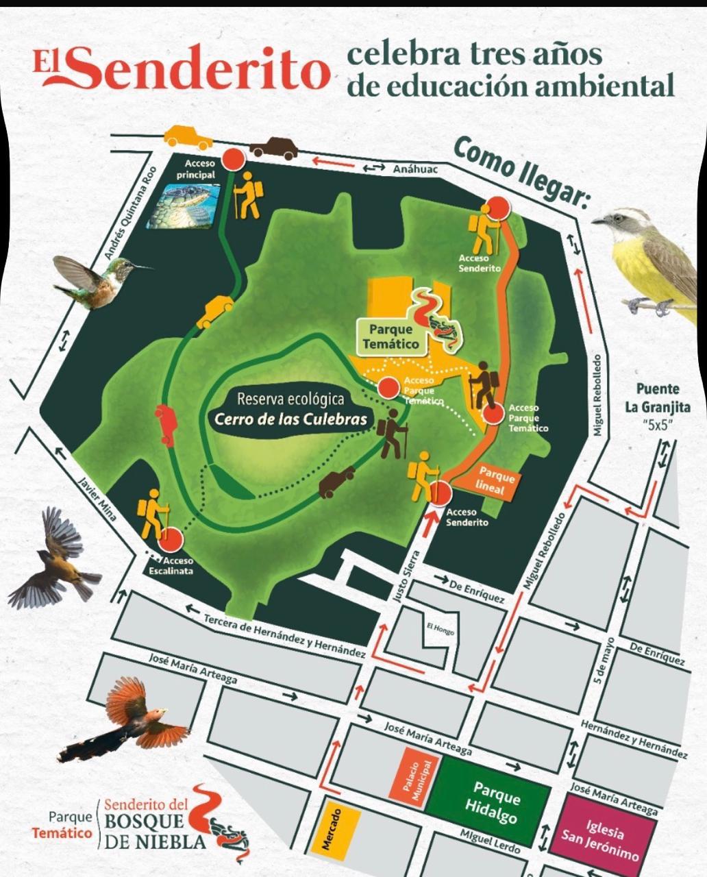 Mapa «Cómo llegar» al Senderito del Bosque de Niebla: accesos por Justo Sierra, Anáhuac, Andrés Quintana Roo y Javier Mina, con el Parque Hidalgo y el Palacio Municipal como referencia